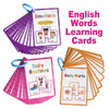 A set of colorful English words learning cards featuring emotions, daily routines, and body parts for children.