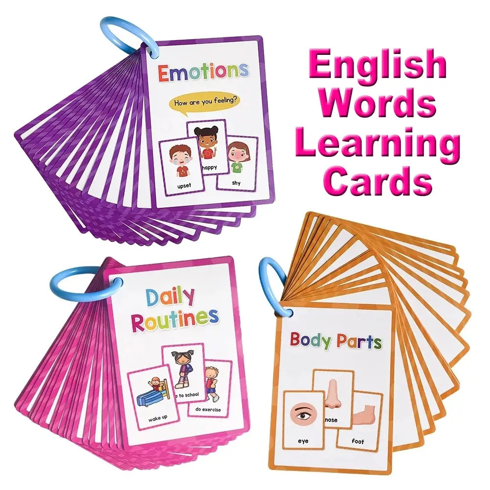 A set of colorful English words learning cards featuring emotions, daily routines, and body parts for children.