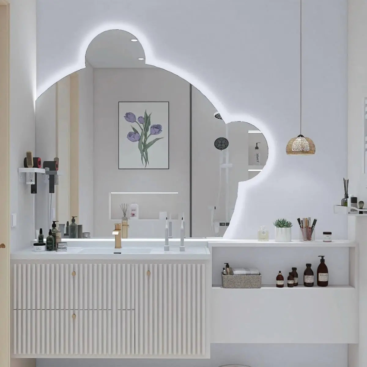 A modern bathroom vanity with a large mirror and white countertop featuring various skincare products.
