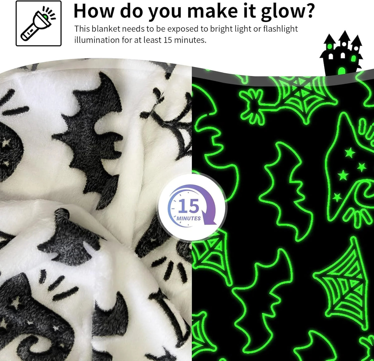 Nahaufnahme einer leuchtstoffstrahlenden Korallen-Fleece-Decke in Weiß und Schwarz mit grünen leuchtenden Designs auf schwarz