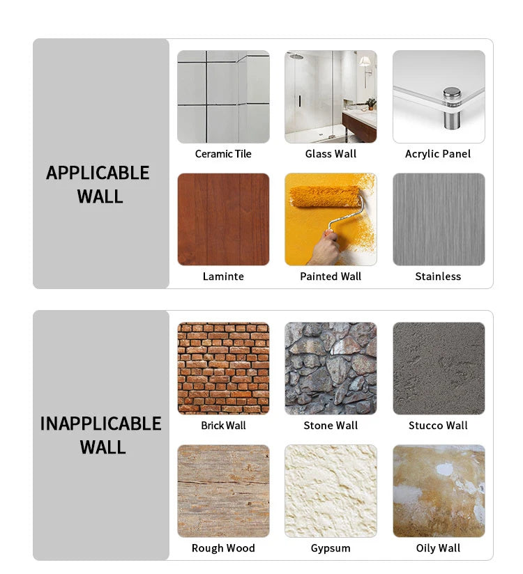 A display showing various wood grain peel and stick backsplash tiles applied to different wall surfaces like ceramic tile, gl