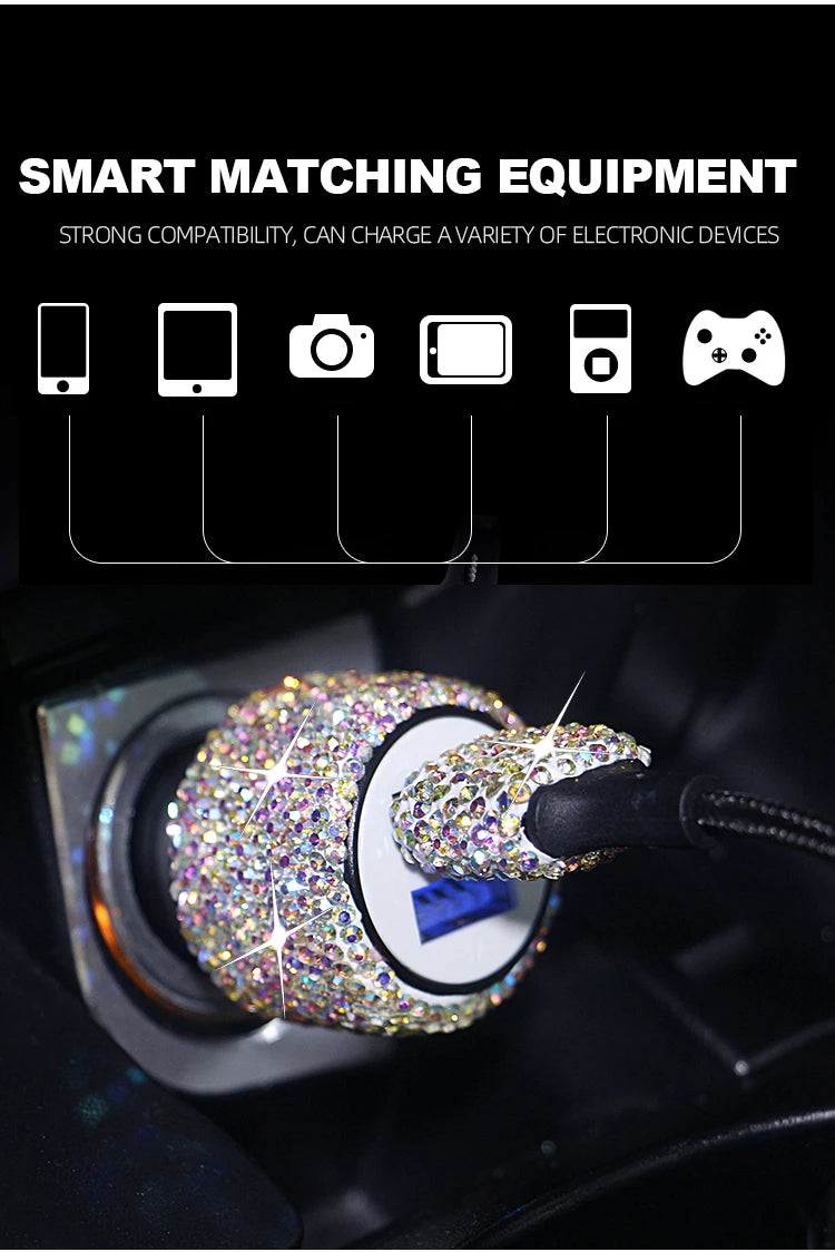 A close-up of a rhinestone dual USB car charger being inserted into a device port.
