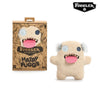 A light brown plush toy of an ugly monster with large teeth and a pink tongue, packaged by Fuggler.