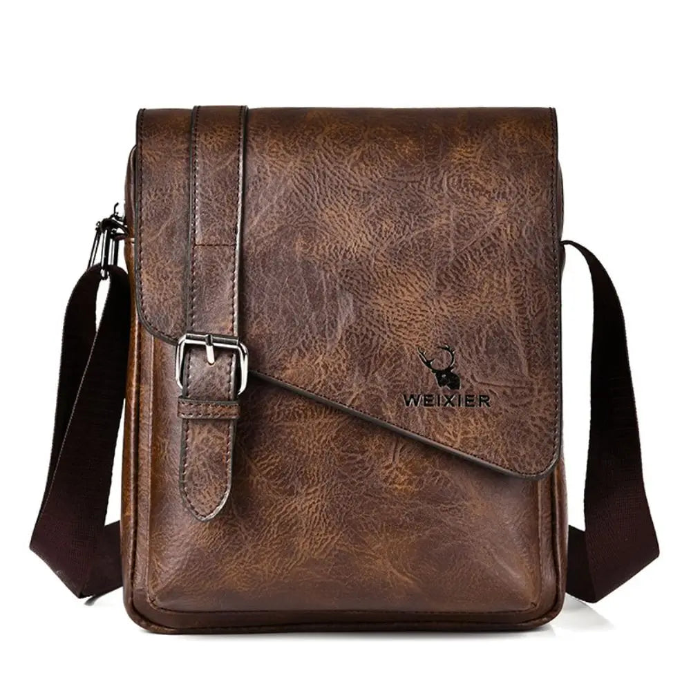 A brown vintage PU leather messenger bag for men with an adjustable strap.