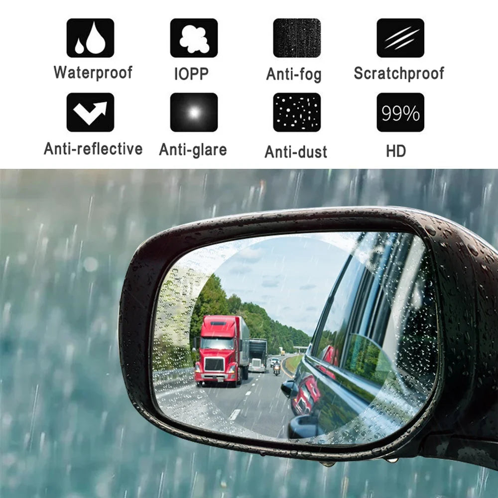 A close-up view of a car mirror showing rain and fog protection features.