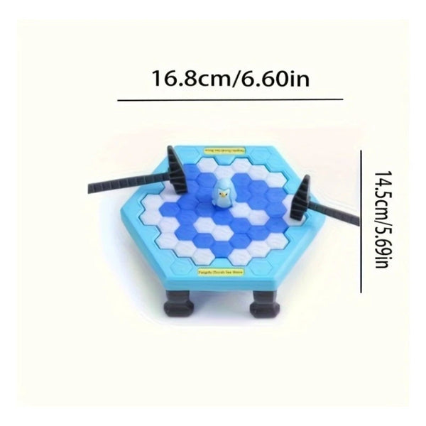 A portable ice tapping rescue board game featuring a blue hexagonal board and black tapping tools.