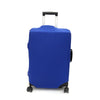 A royal blue elastic travel luggage cover for a suitcase with a black handle and wheels.