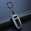 A titanium gray Audi key fob cover with a keyring is shown resting on a metallic surface.