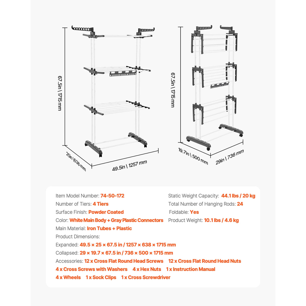 Adjustable Rollable Clothes Drying Rack with Sock Clips