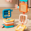 A colorful sensory folding activity cube for toddlers featuring various colored squares and shapes designed for fine motor sk