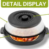 Detail display of a foldable microwave splatter cover with a heat-resistant base showing its features.