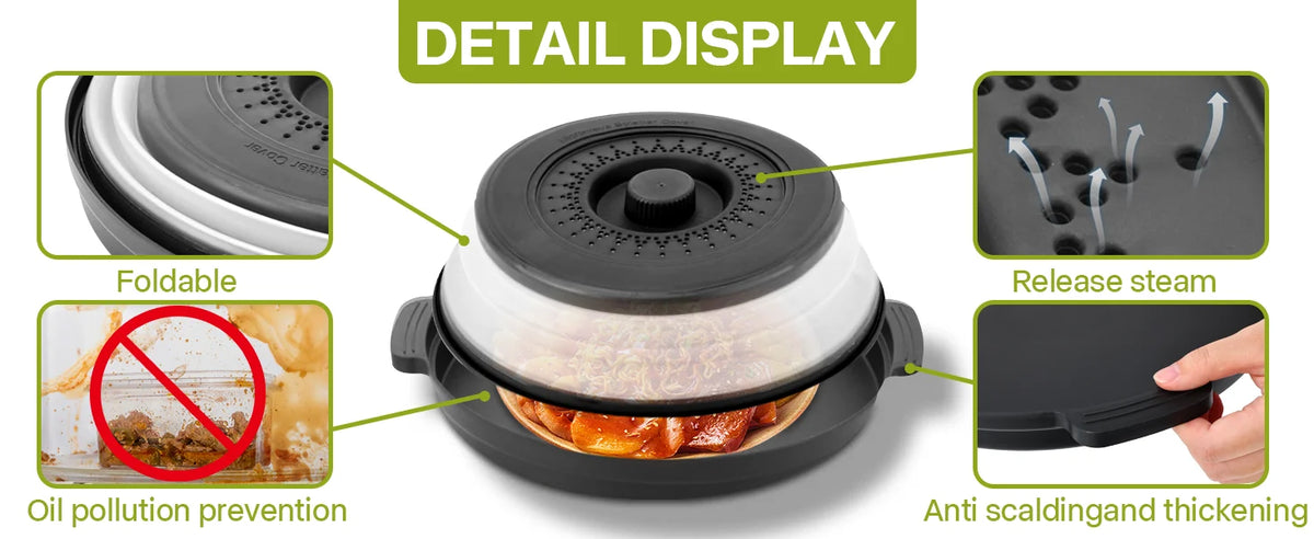 Detail display of a foldable microwave splatter cover with a heat-resistant base showing its features.