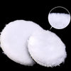A set of white wool polishing pads, including a large disc and a smaller disc magnified in a circle.