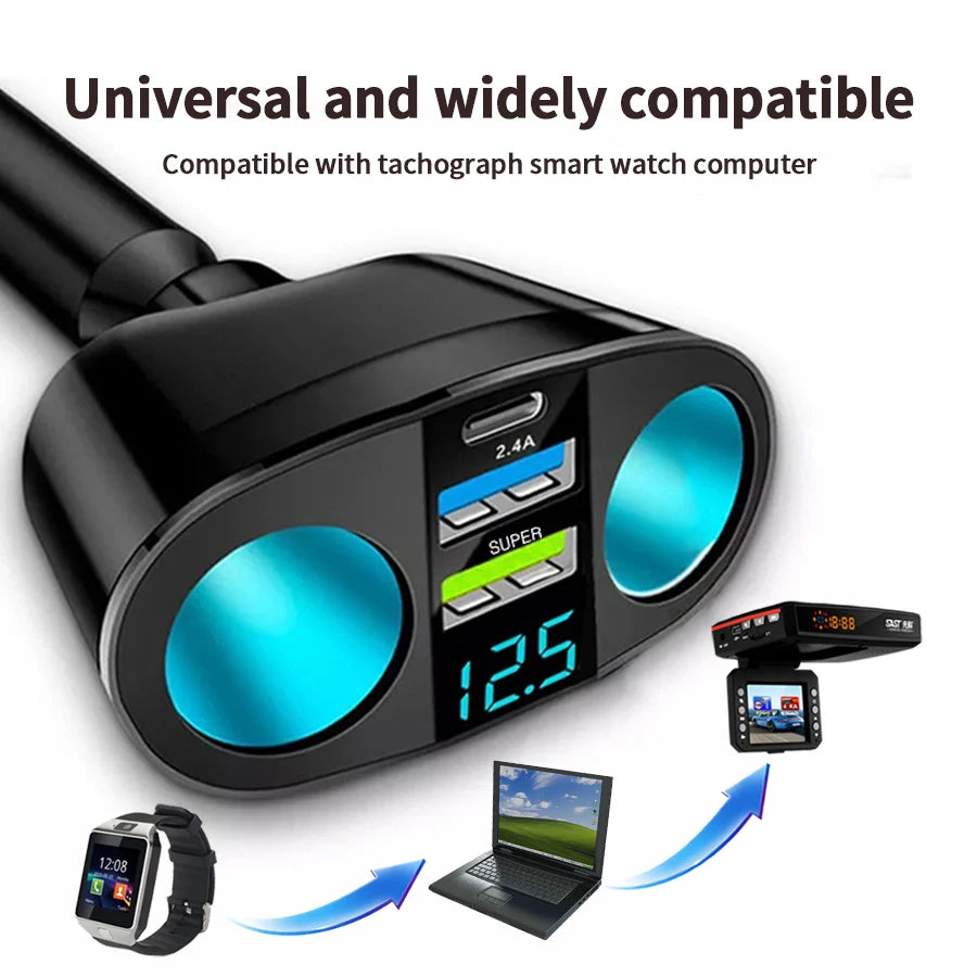 Dual-Port Car Charger with Digital Display and PD Support
