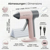Pink cordless hot glue gun with a gray handle and white nozzle shown with dimensions.