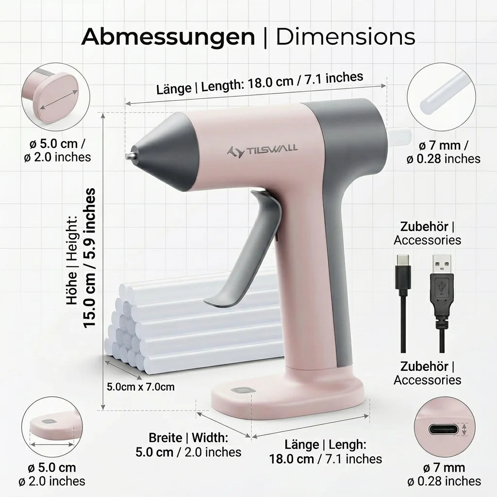 Pink cordless hot glue gun with a gray handle and white nozzle shown with dimensions.