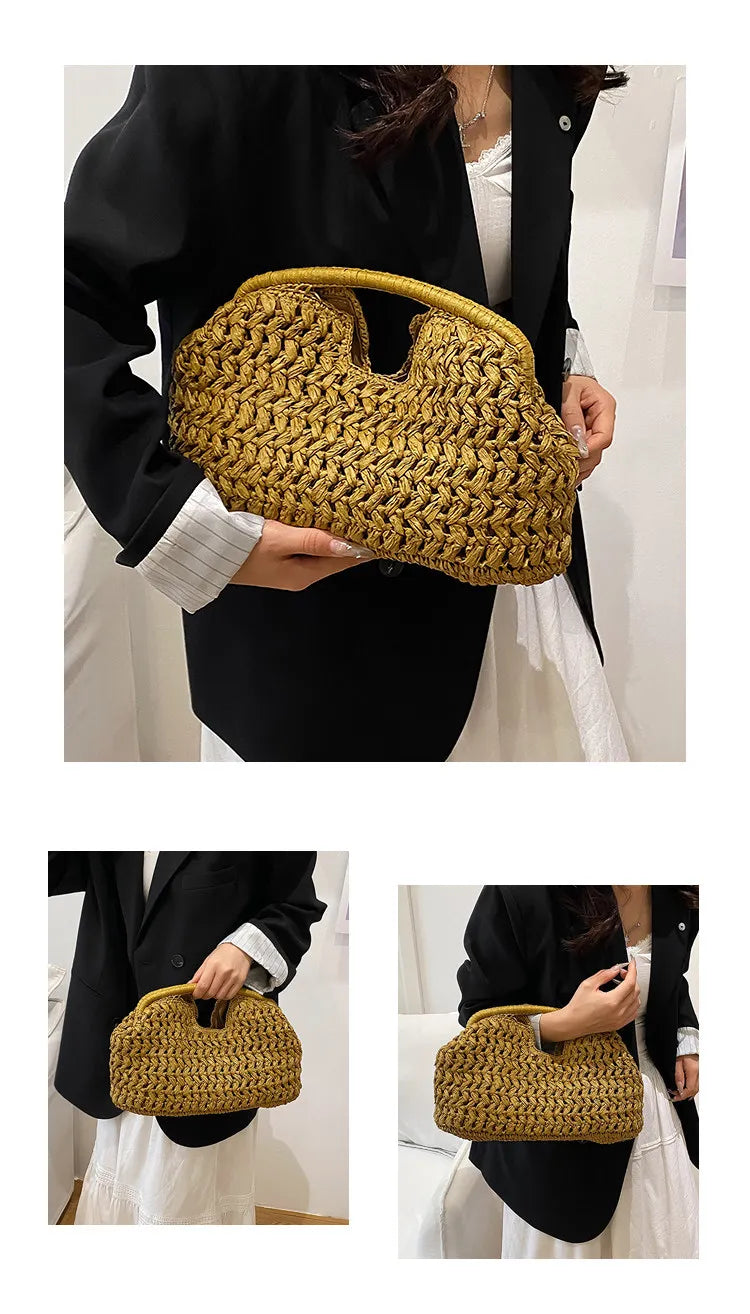 Handwoven Straw Tote Bag with Zipper