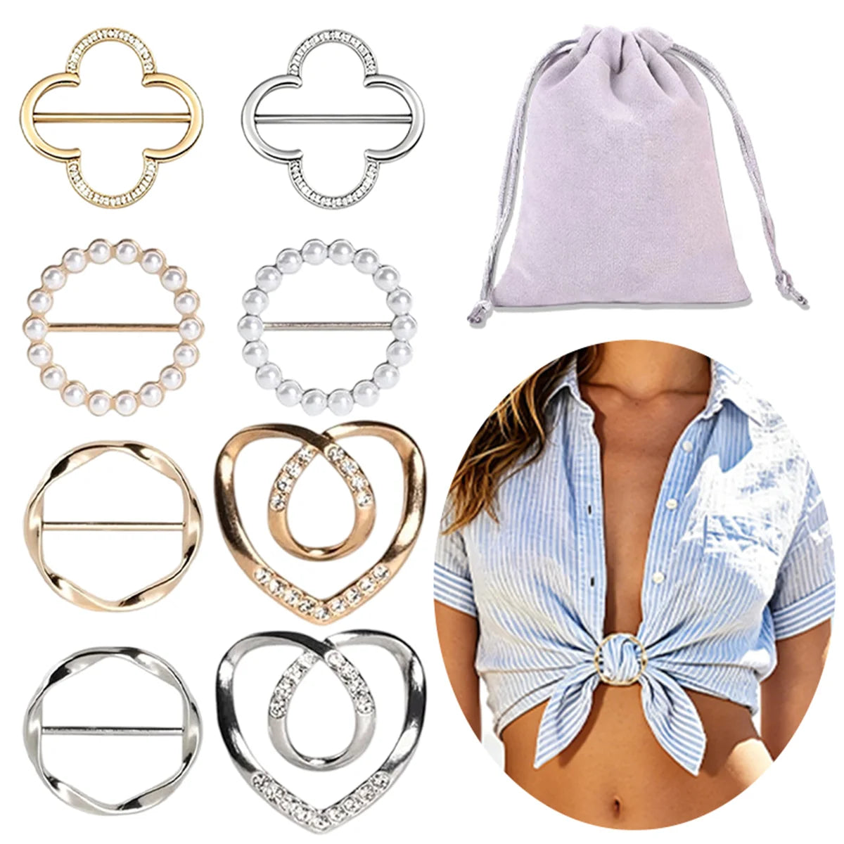A set of metal scarf ring clips in gold and silver finishes displayed alongside a lavender fabric pouch.