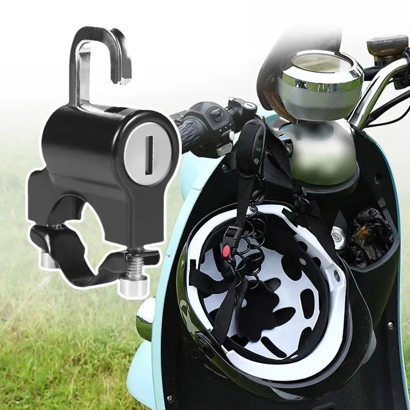 Anti-theft helmet lock for motorcycle and bicycle handlebars, featuring a black mount and silver lock.