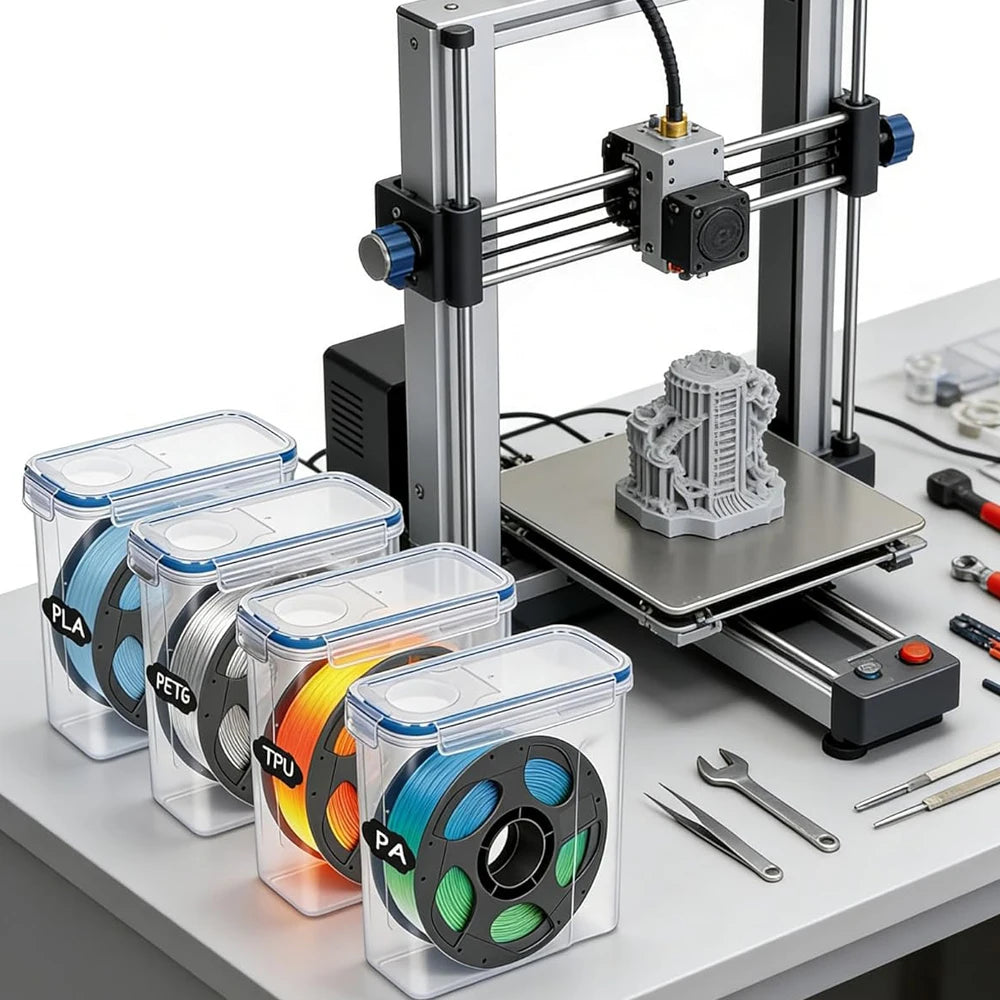 A clear airtight storage box for filament, featuring various materials like PLA, PETG, TPU, and PA, mounted on a 3D printer f