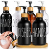 A collection of black pump dispensers with wooden tops for dish and hand soap, shown next to a hand applying soap.