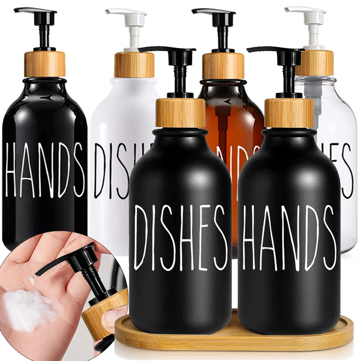 A collection of black pump dispensers with wooden tops for dish and hand soap, shown next to a hand applying soap.