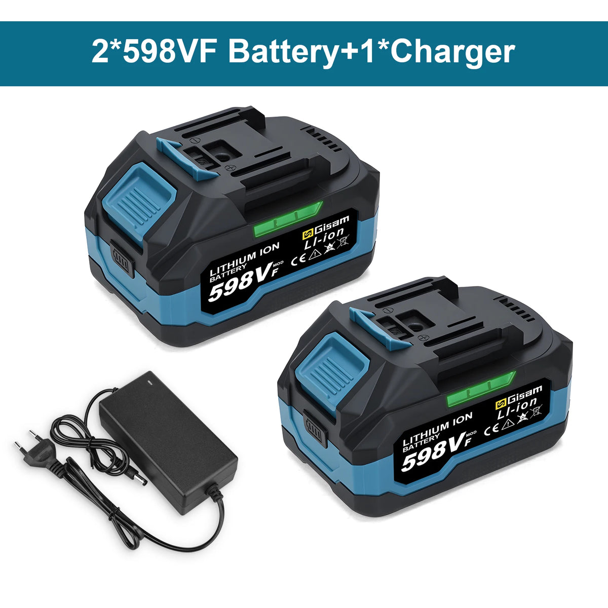 Two 598VF Lithium-Ion batteries and one charger are displayed on a white background.