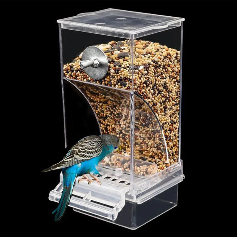 An acrylic no-mess bird feeder and waterer containing seeds and a blue parakeet.