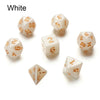 A set of white polyhedral dice including a d10, d6, and d20, displayed on a white background.