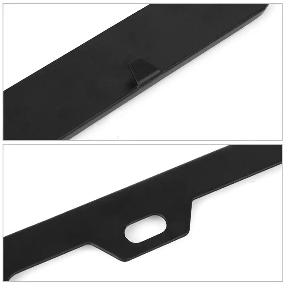 Two black rustproof stainless steel license plate frames shown from a side angle.