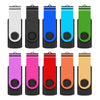 A row of ten portable USB 2.0 flash drives in various colors including silver, black, blue, cyan, green, purple, red, orange,