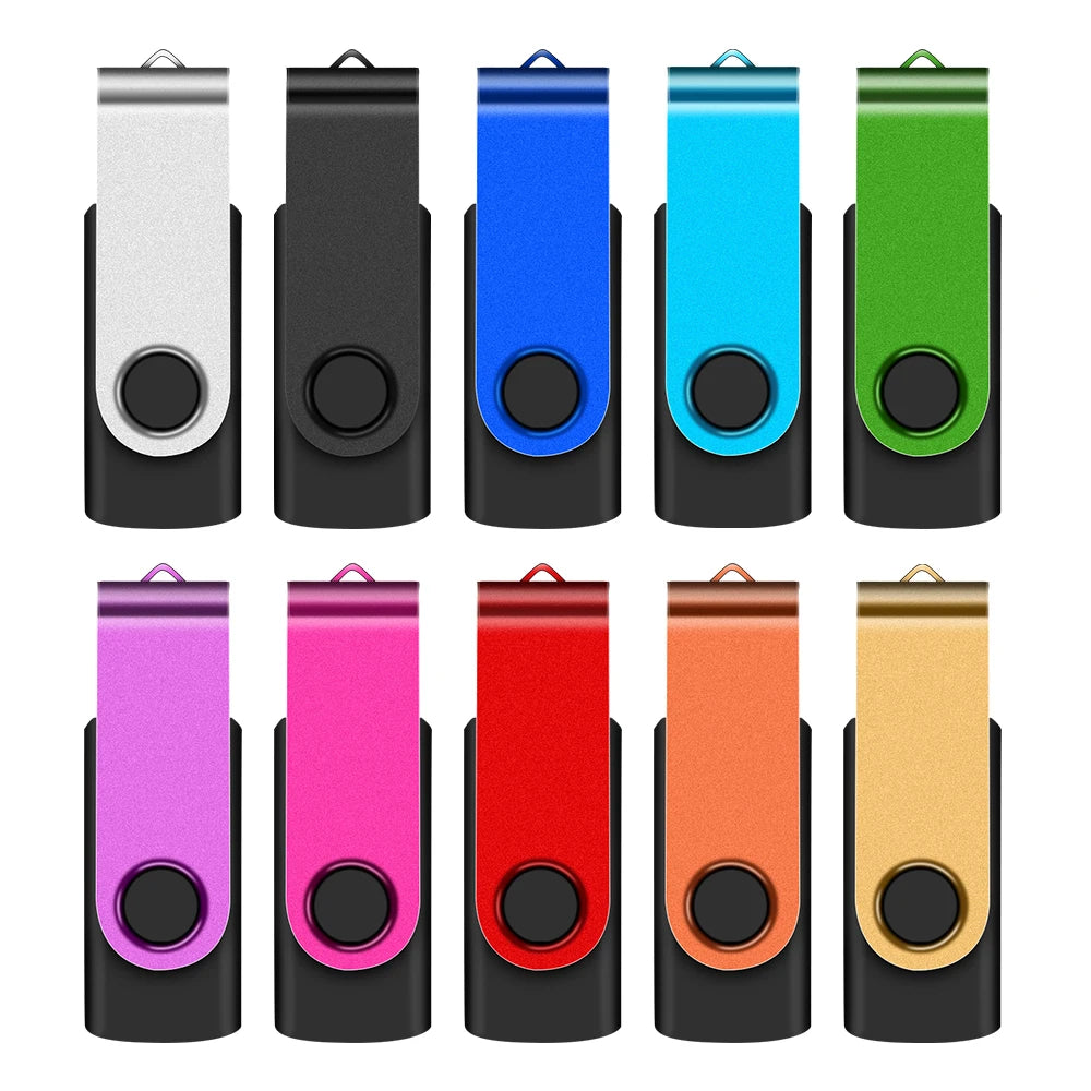 A row of ten portable USB 2.0 flash drives in various colors including silver, black, blue, cyan, green, purple, red, orange,