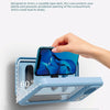 A blue waterproof shower phone holder with a 60 degree opening angle is shown, designed to protect a phone.