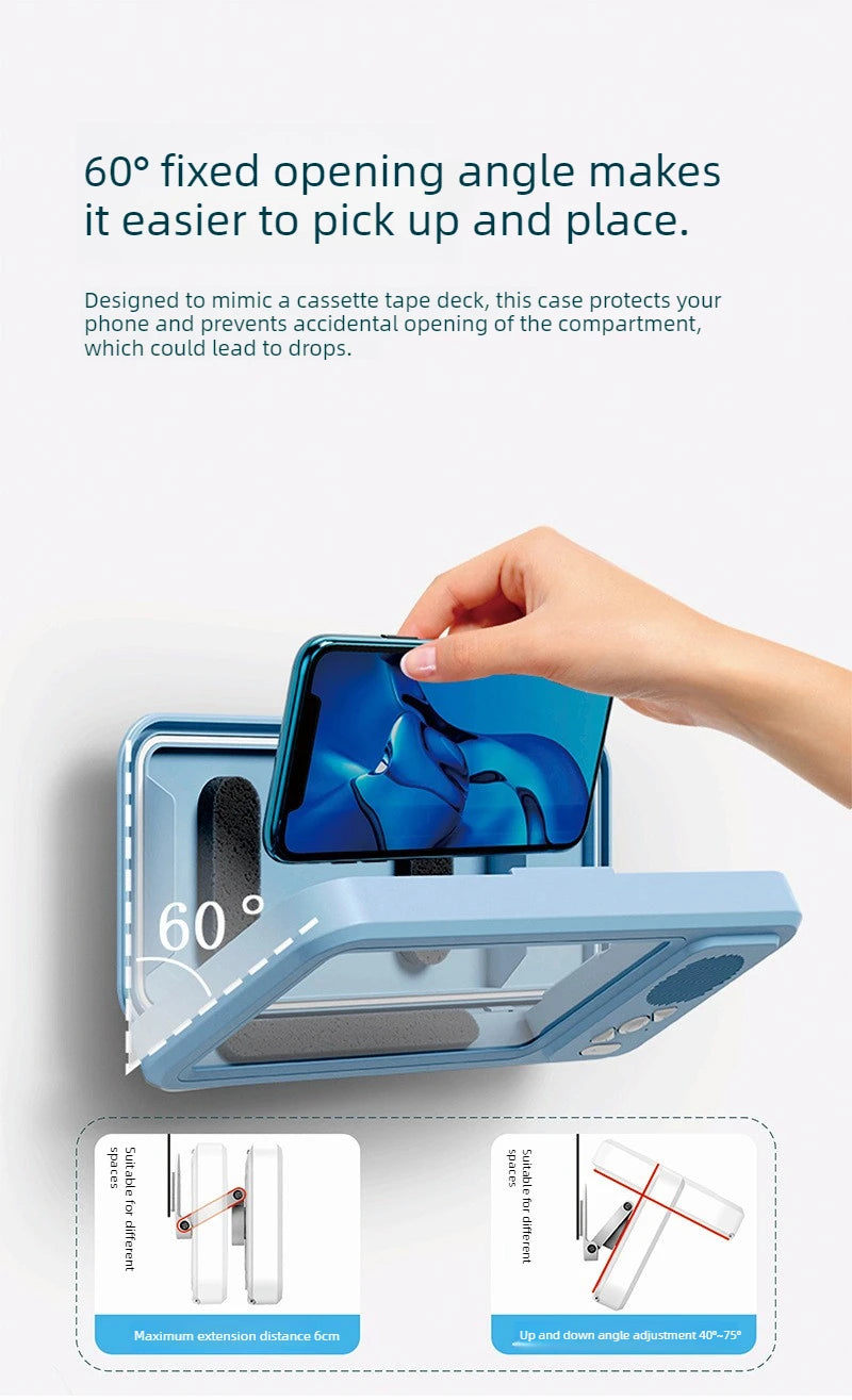 A blue waterproof shower phone holder with a 60 degree opening angle is shown, designed to protect a phone.