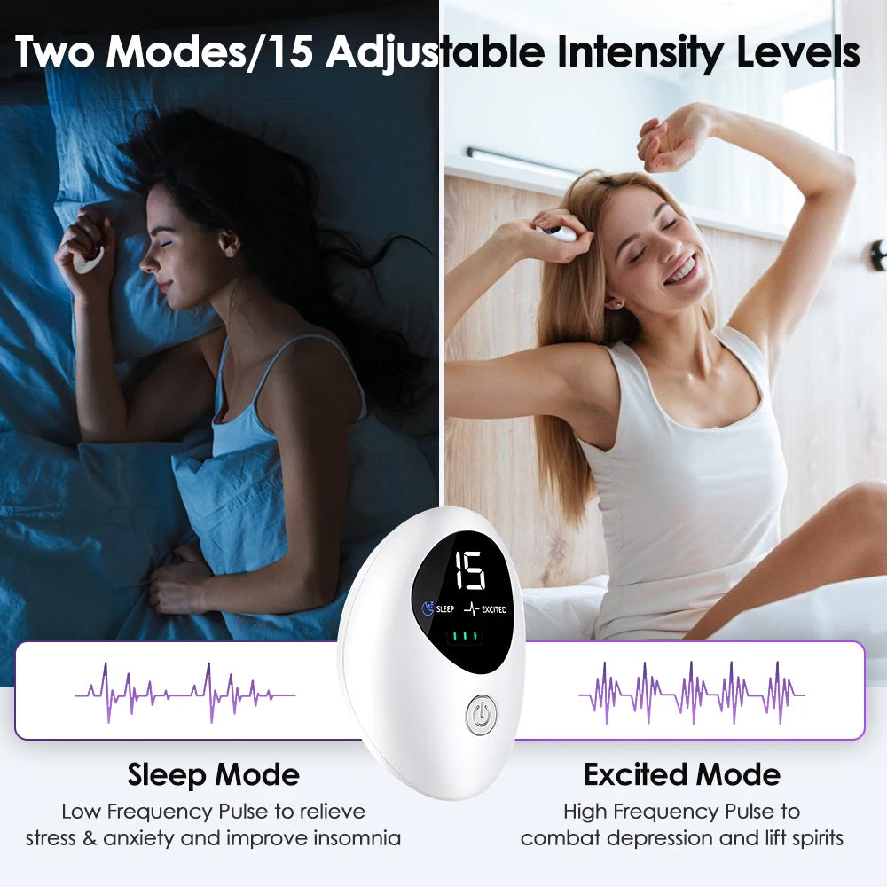 A white handheld device for sleep and relaxation, shown next to a woman using it in a bedroom setting.