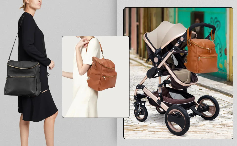 Leather-Look 20L Diaper Backpack with Stroller Straps