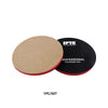A black polishing pad with a beige sanding pad is shown for removing orange peel from denim.