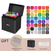 A black storage box containing 48 alcohol pens and a color chart for an 168-color marker set