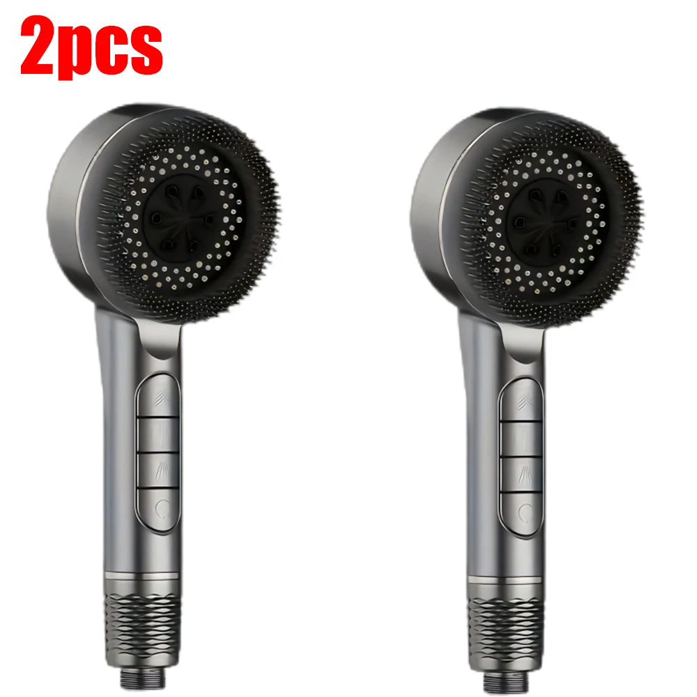 Two silver handheld shower heads with black silicone nozzles and silver grips.