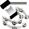 White half-moon tambourine with a black grip handle and double row metal jingles.