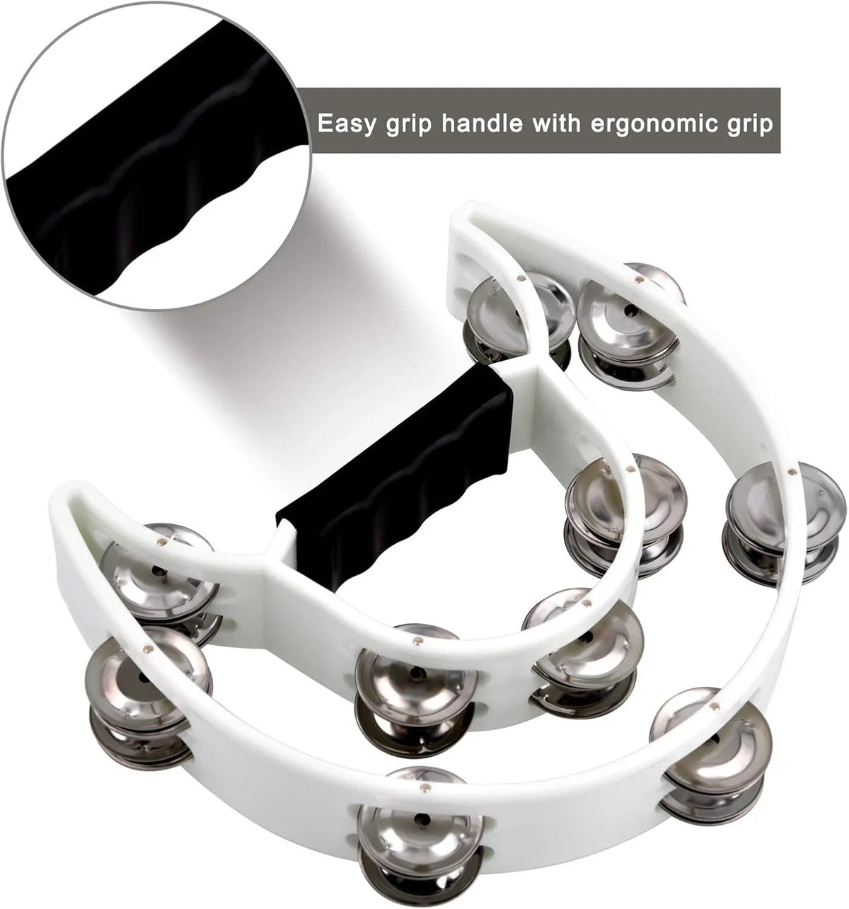 White half-moon tambourine with a black grip handle and double row metal jingles.