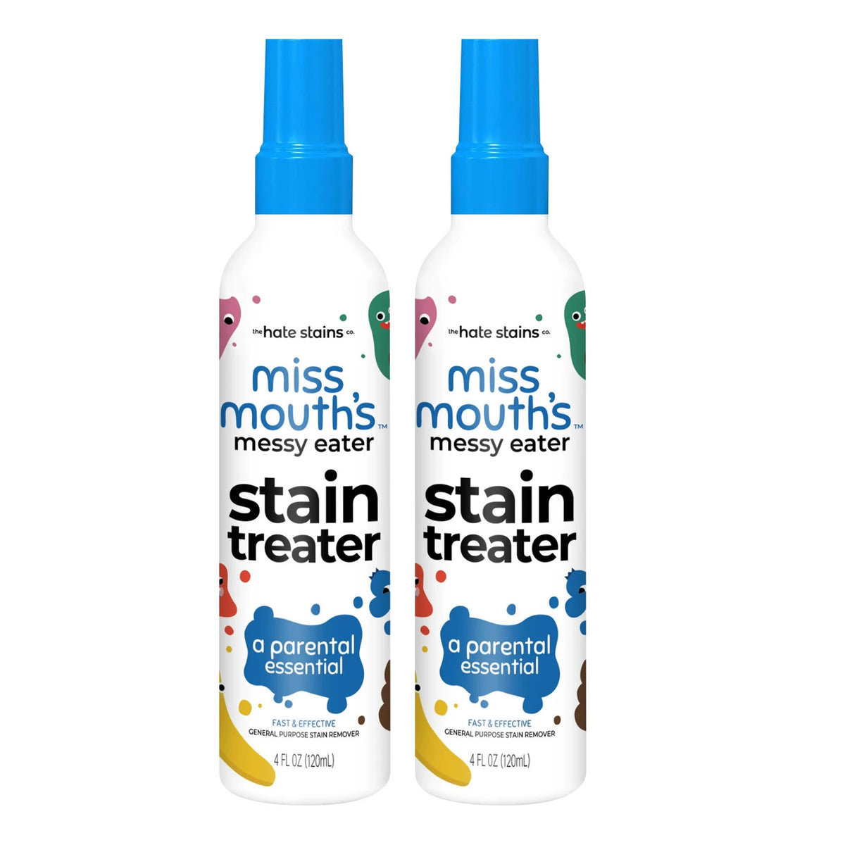 Two bottles of Miss Mouth's Stain Treater spray in white and blue packaging