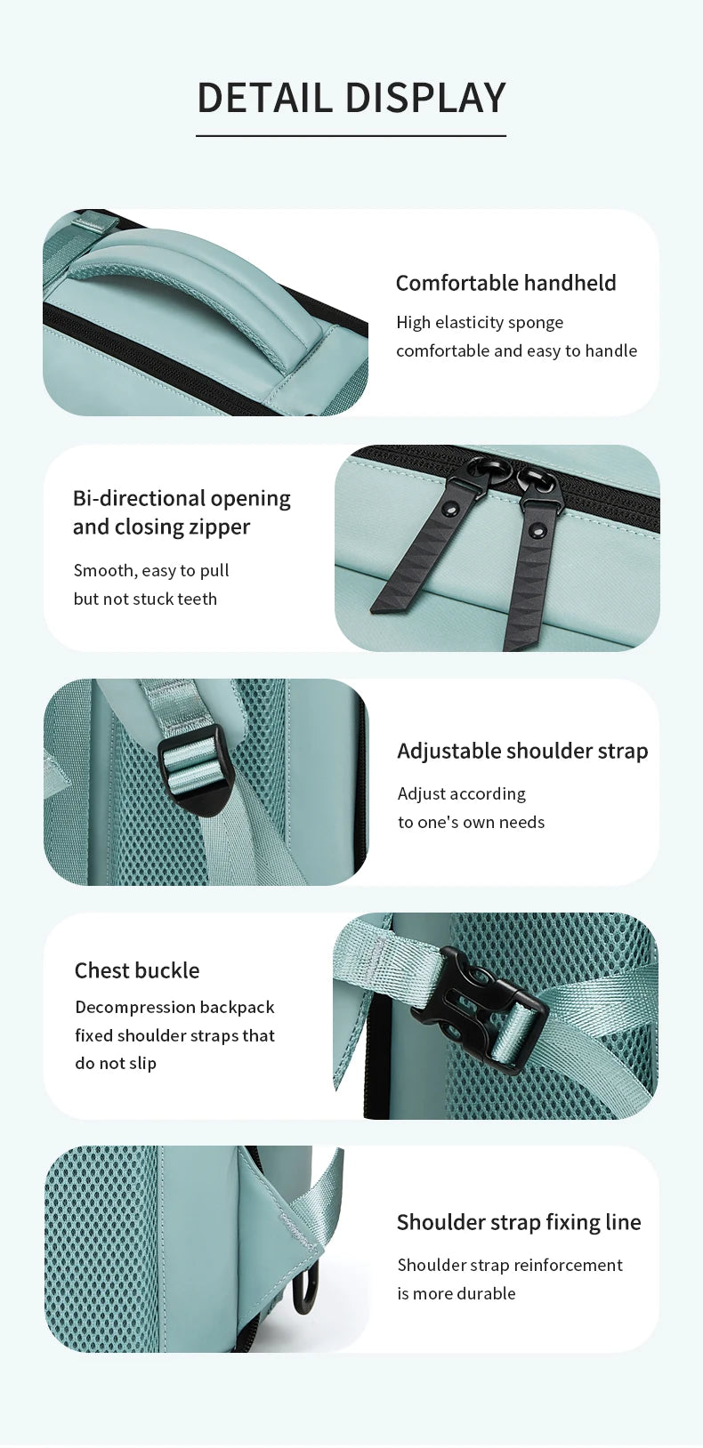 Detail display showing features of a light blue laptop backpack including a comfortable handle, zipper, adjustable shoulder s