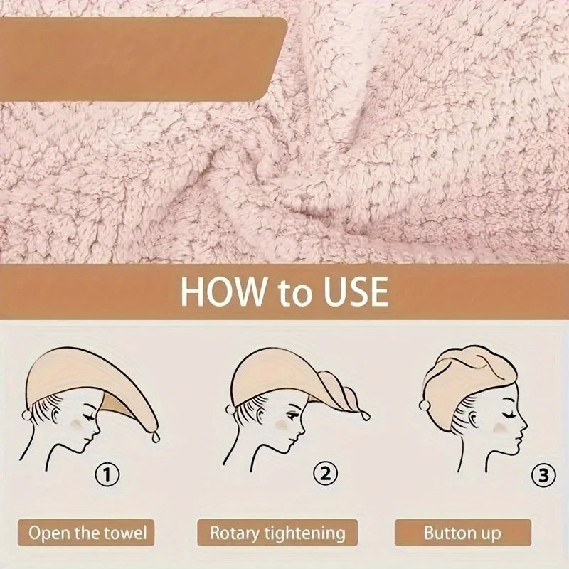 Diagram showing how to use a towel wrap product in three steps: open the towel, rotary tightening, and button up.