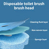 Cross-section view of a disposable toilet brush head showing cleaning fluid layer, non-woven layer, and sponge layer.