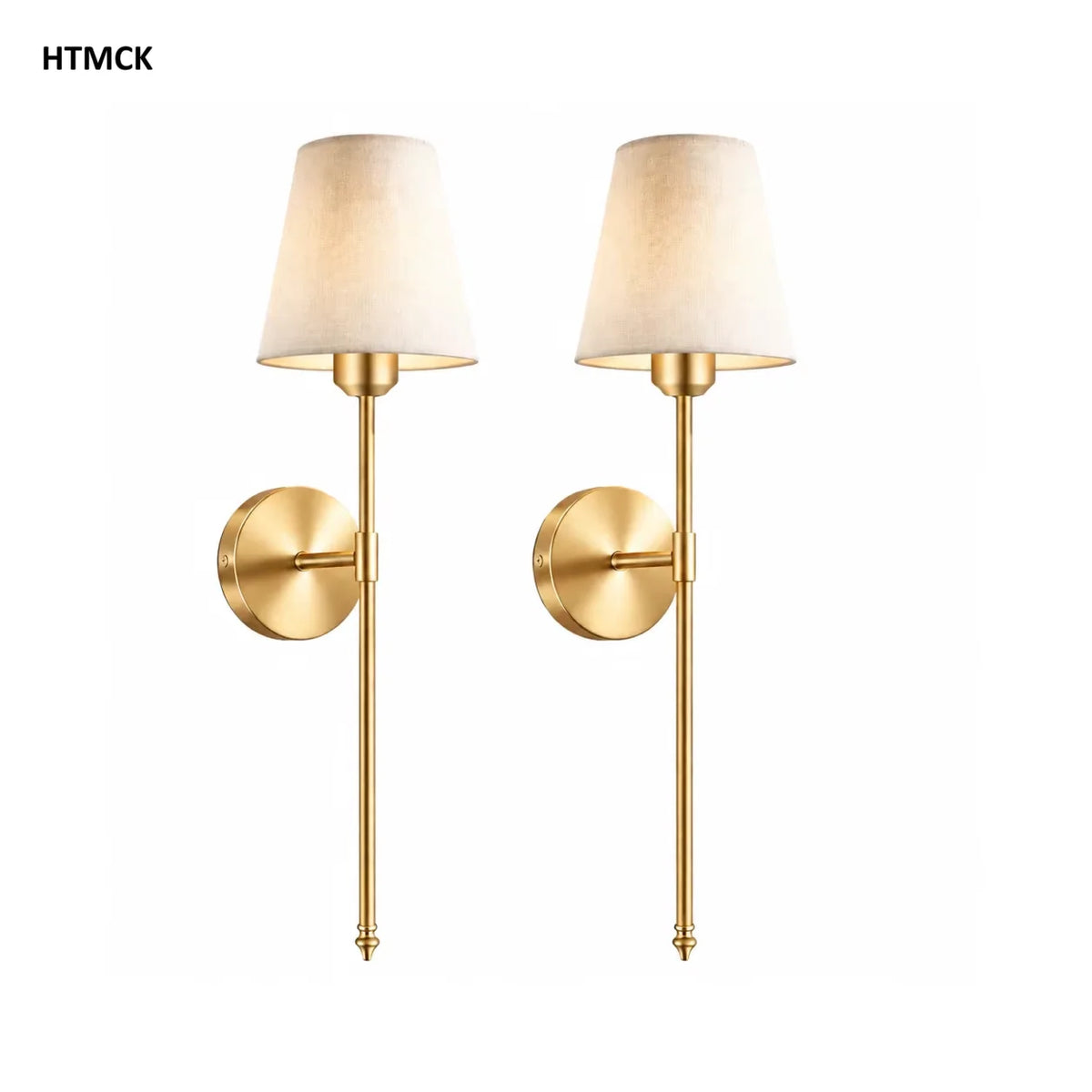 A pair of gold-toned rechargeable LED wall sconces with cream fabric shades.