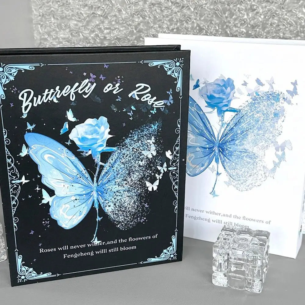 A black photo album cover featuring a blue butterfly design and text about roses and fengcheng flowers