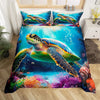 A vibrant sea turtle design printed on a duvet cover set featuring bright blues, greens, and purples.