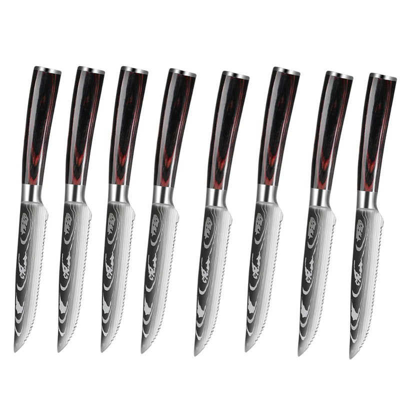Ensemble de Couteaux à Steak Style Damas avec Manches en Bois