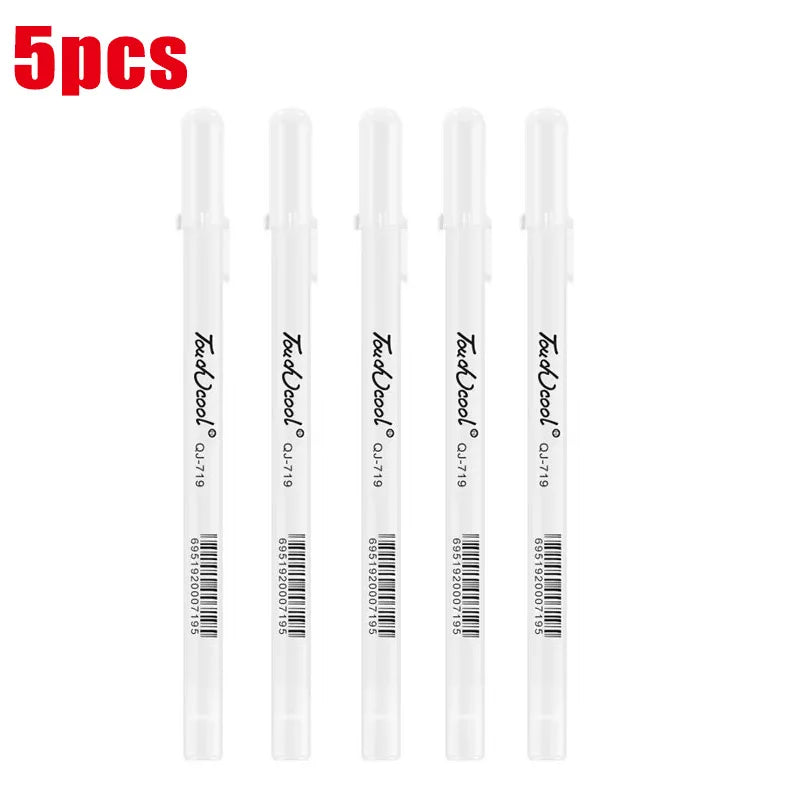 A set of five white ink gel pens with fine 0.8mm tips for drawing and highlighting.